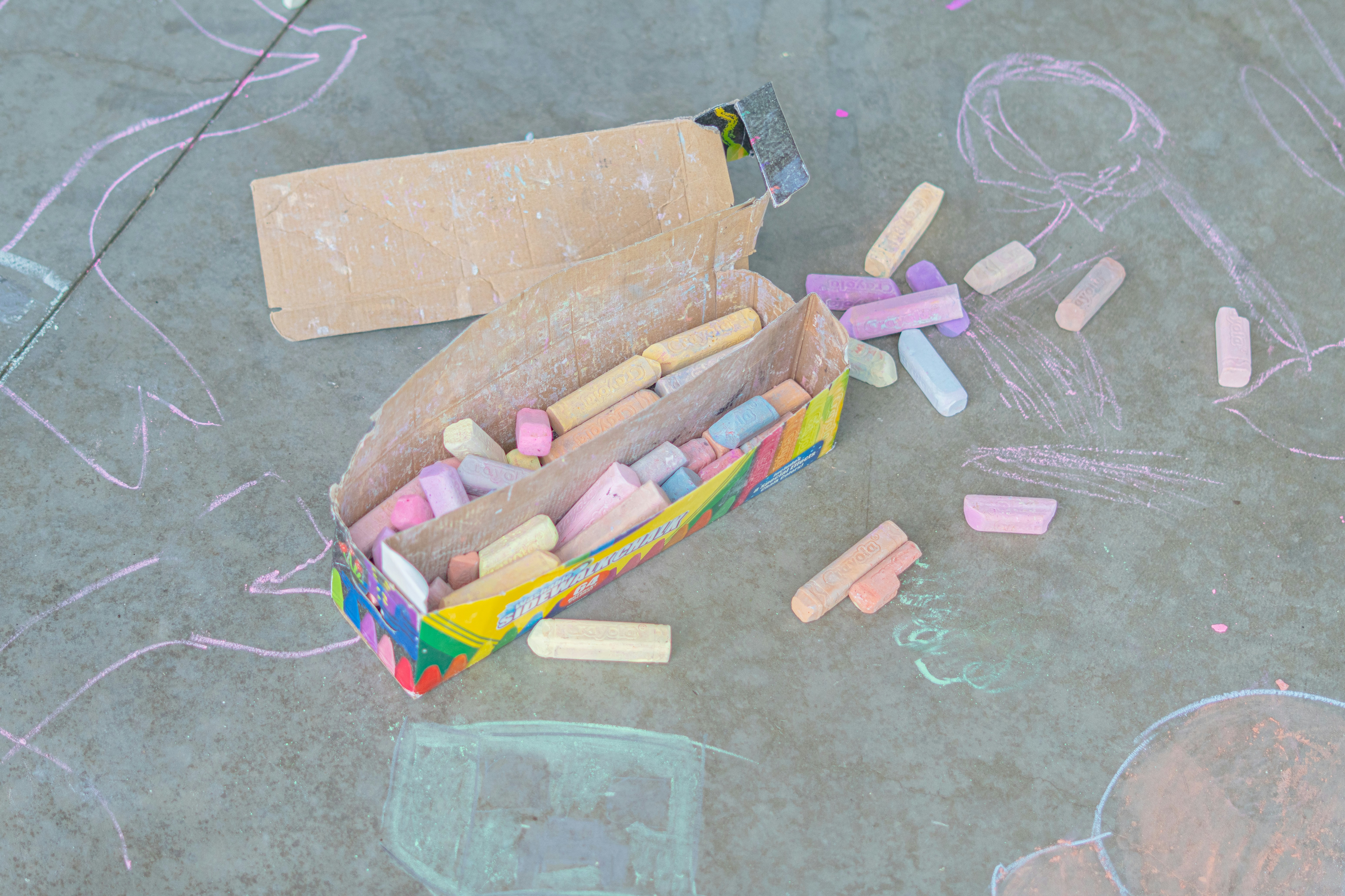 Chalk box and scattered chalk on the ground