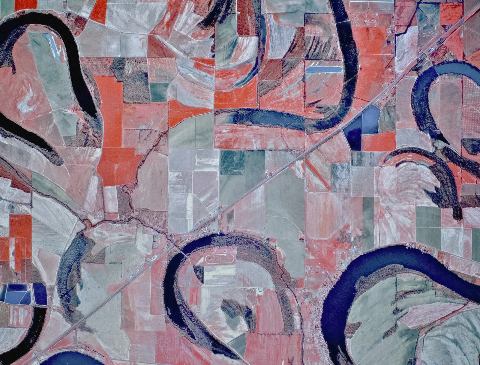 False-colour satellite view of fields around a meandering river