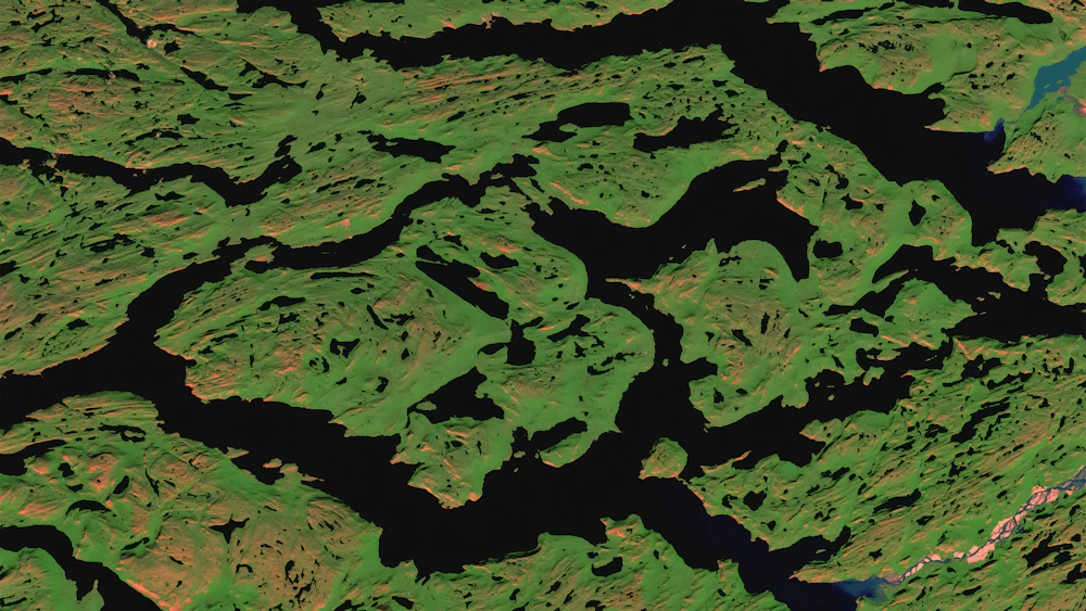 Satellite view of islands and dark water inlets