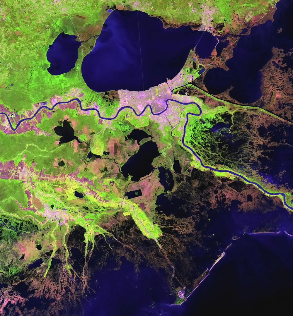 Satellite view of a river delta with lakes