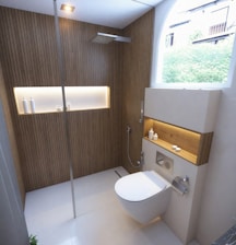 A modern bathroom with wood and sleek design.