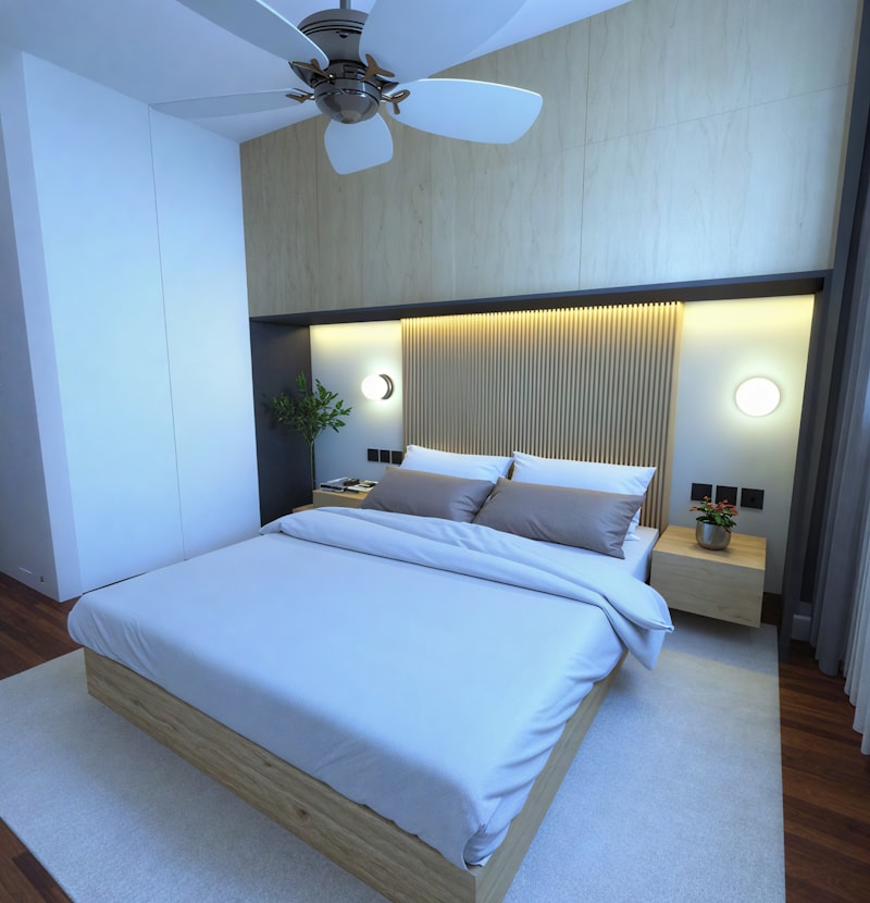 Modern master bedroom with ceiling fan