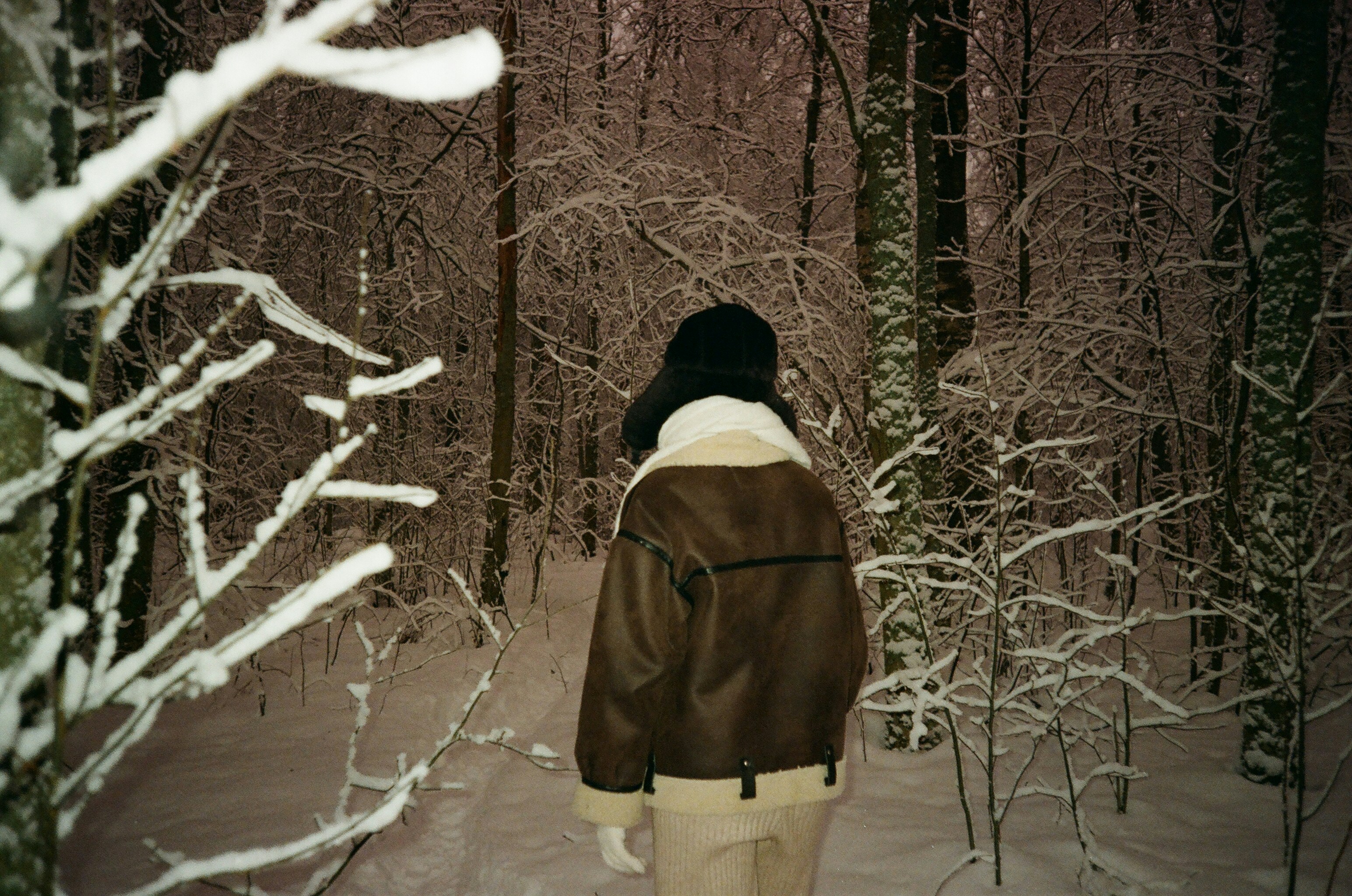 Person walks through a snowy forest