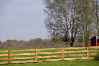A wooden fence spans a green field.