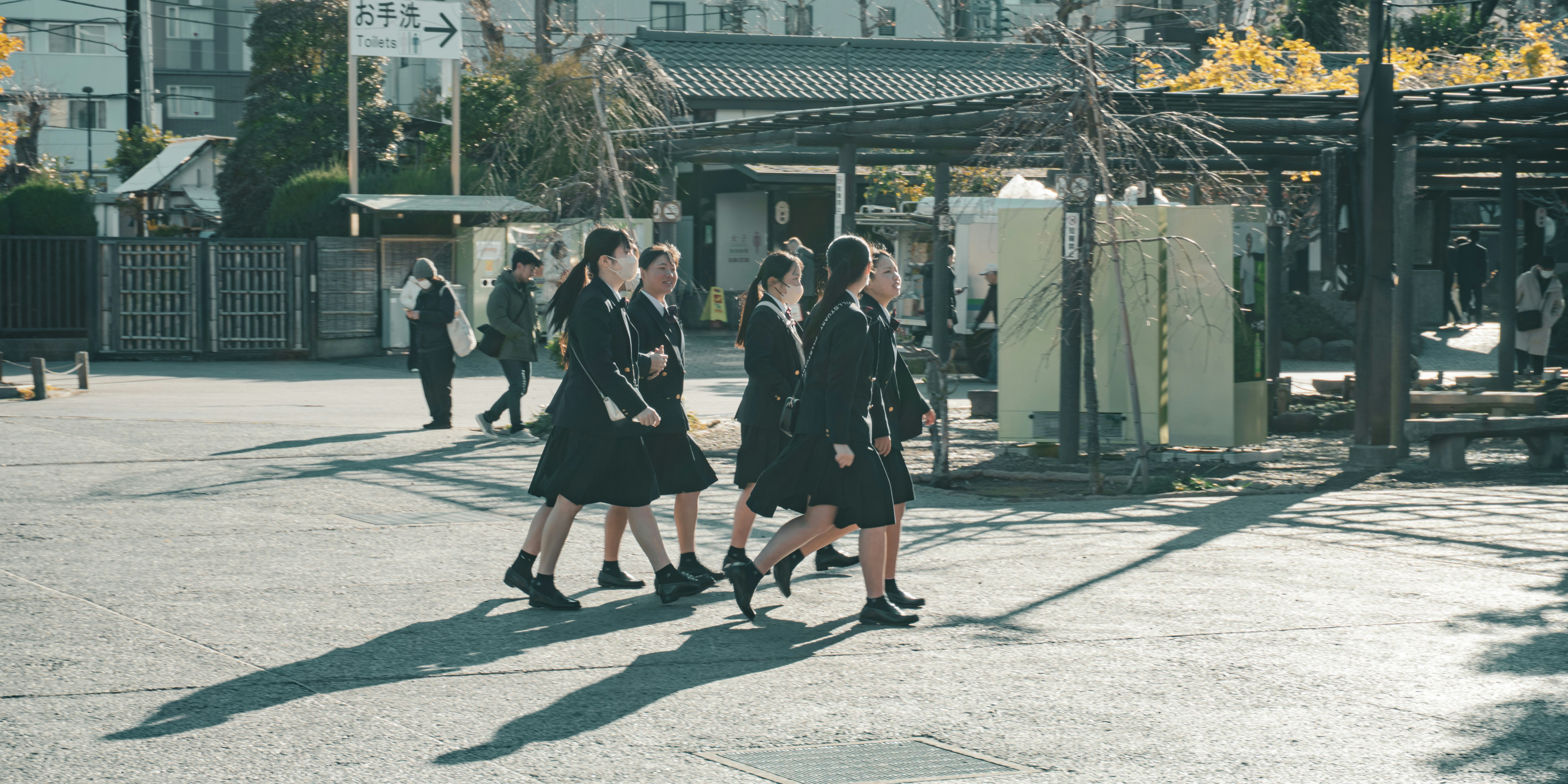 Schoolgirls walk together on the pavement.
