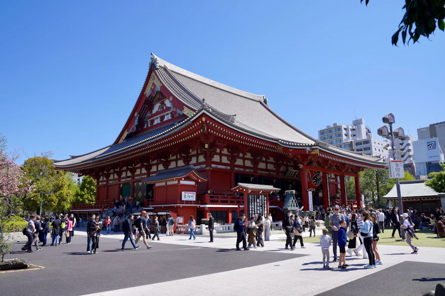 Senso-ji Temple's red main hall and pagoda roofline in Asakusa, Tokyo