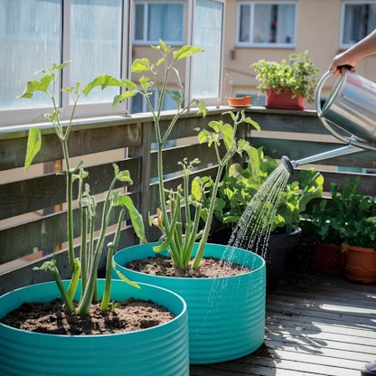 Someone waters plants in pots on a balcony.