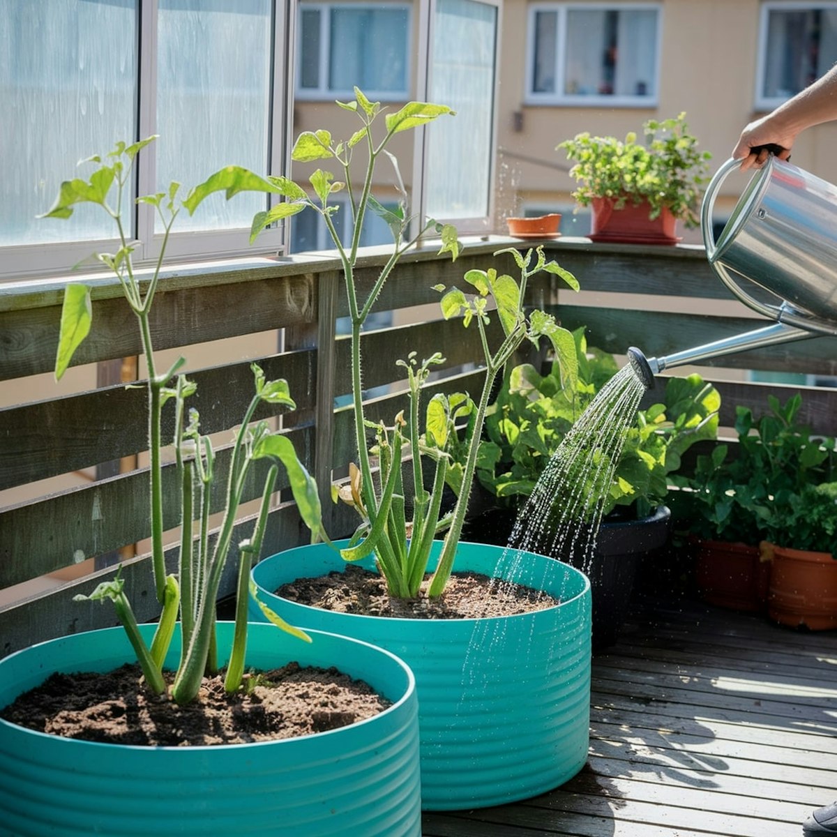 Small cozy balcony with plants, string lights, and a wicker chair