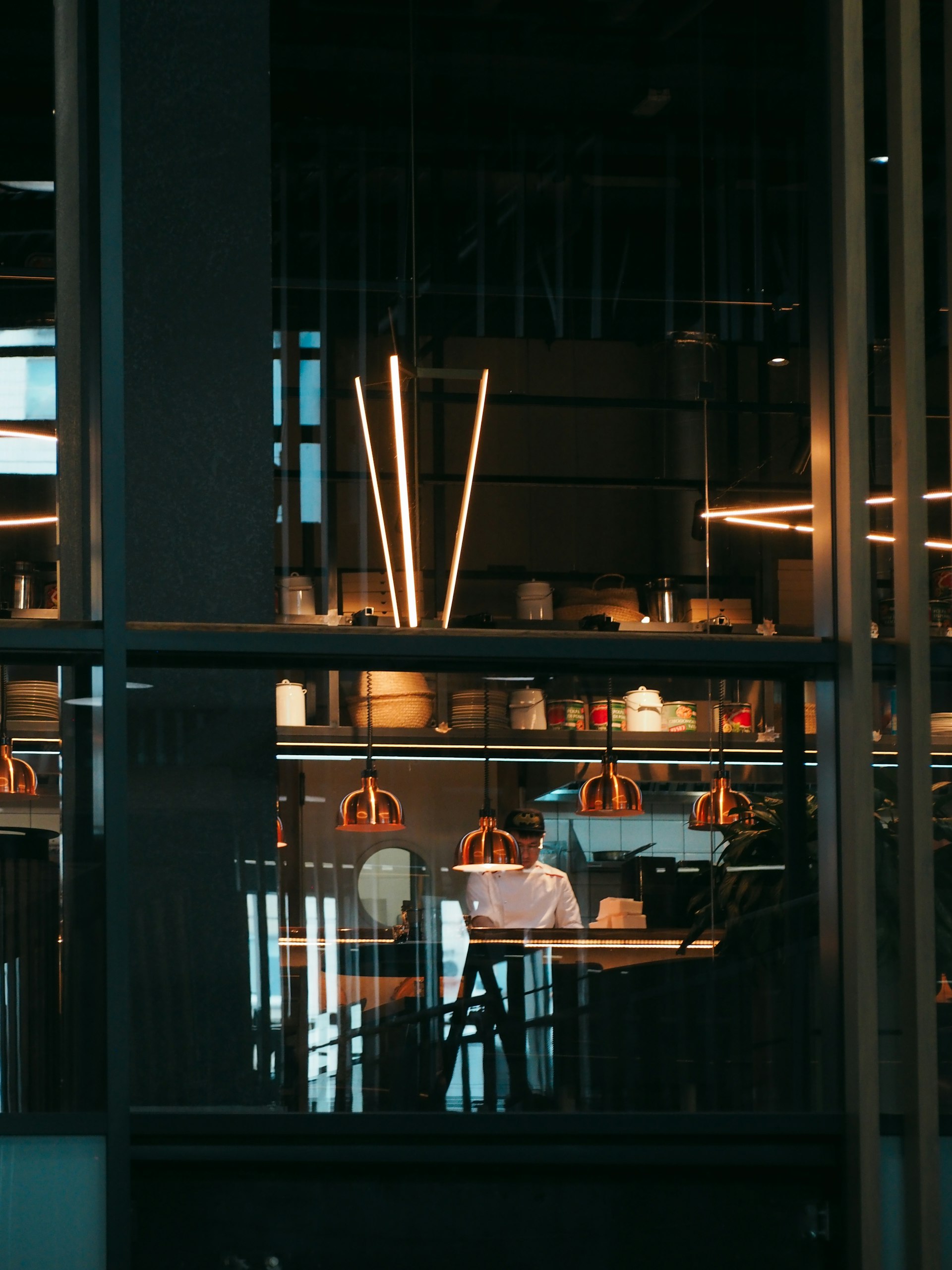 Restaurant dining room glowing in warm low evening light