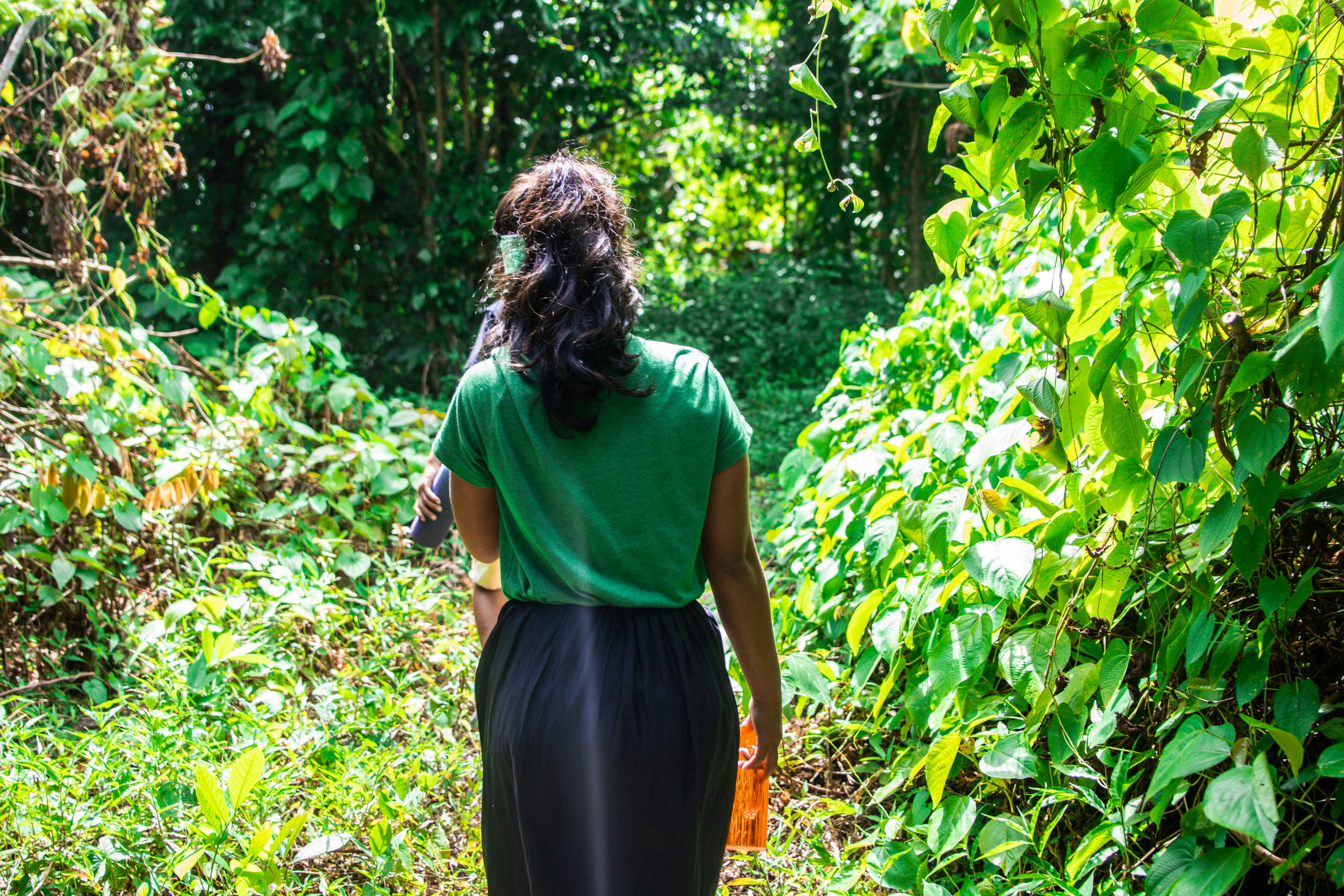 A woman walks through a lush, green forest.