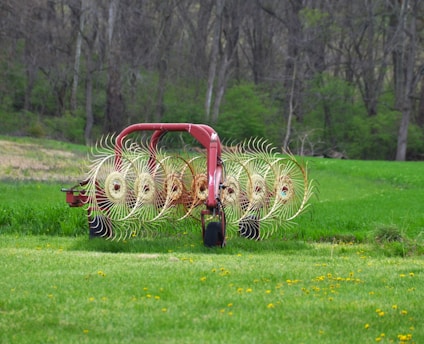 Hay rake rests in a grassy field.