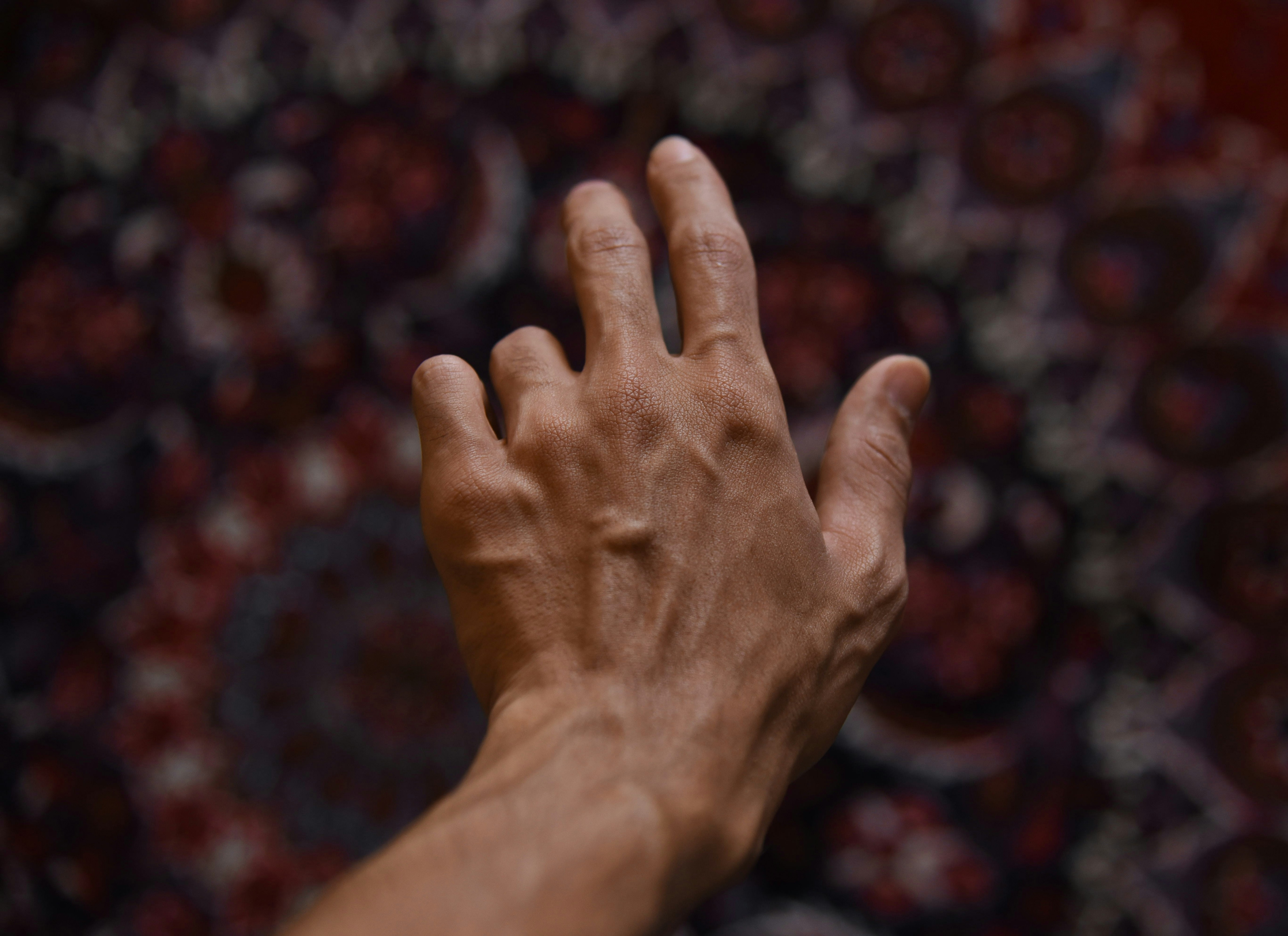 An open hand reaching into silence, framed by Persian tradition and shadows