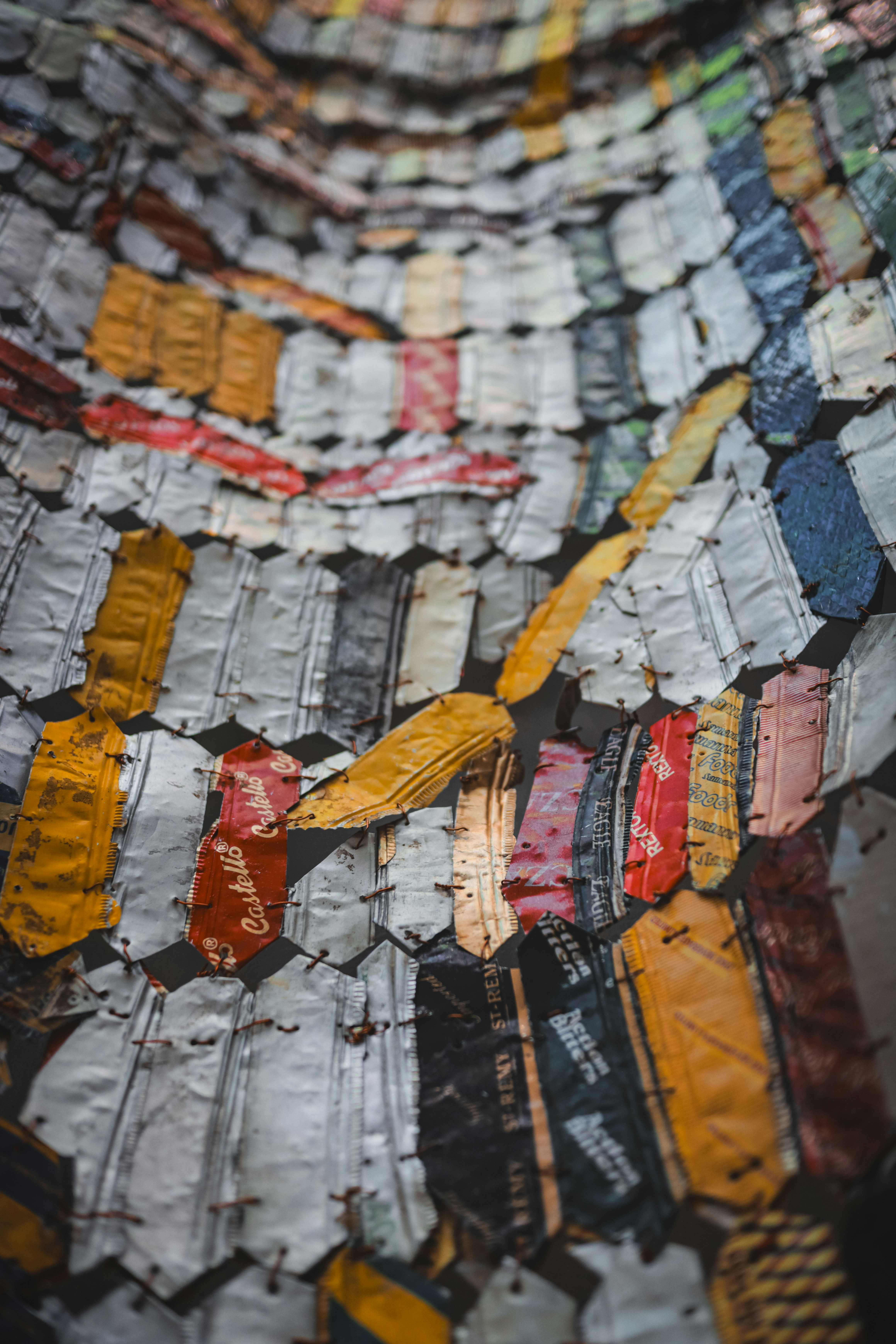 Recycled cans are arranged in a unique pattern.