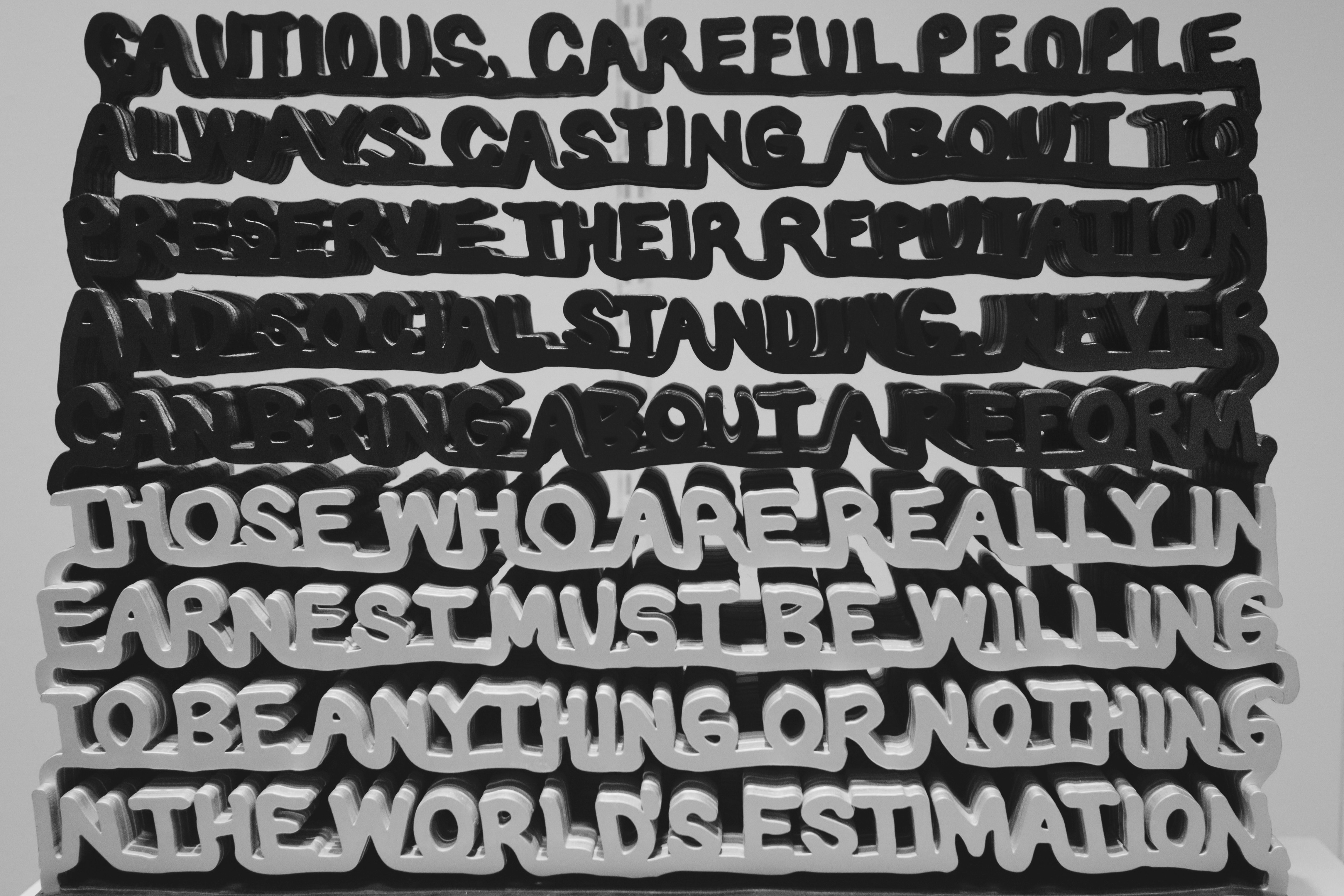 Artwork displays a quote with layered black and white text., Cautious Reform