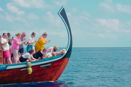 People on a boat admire the view.