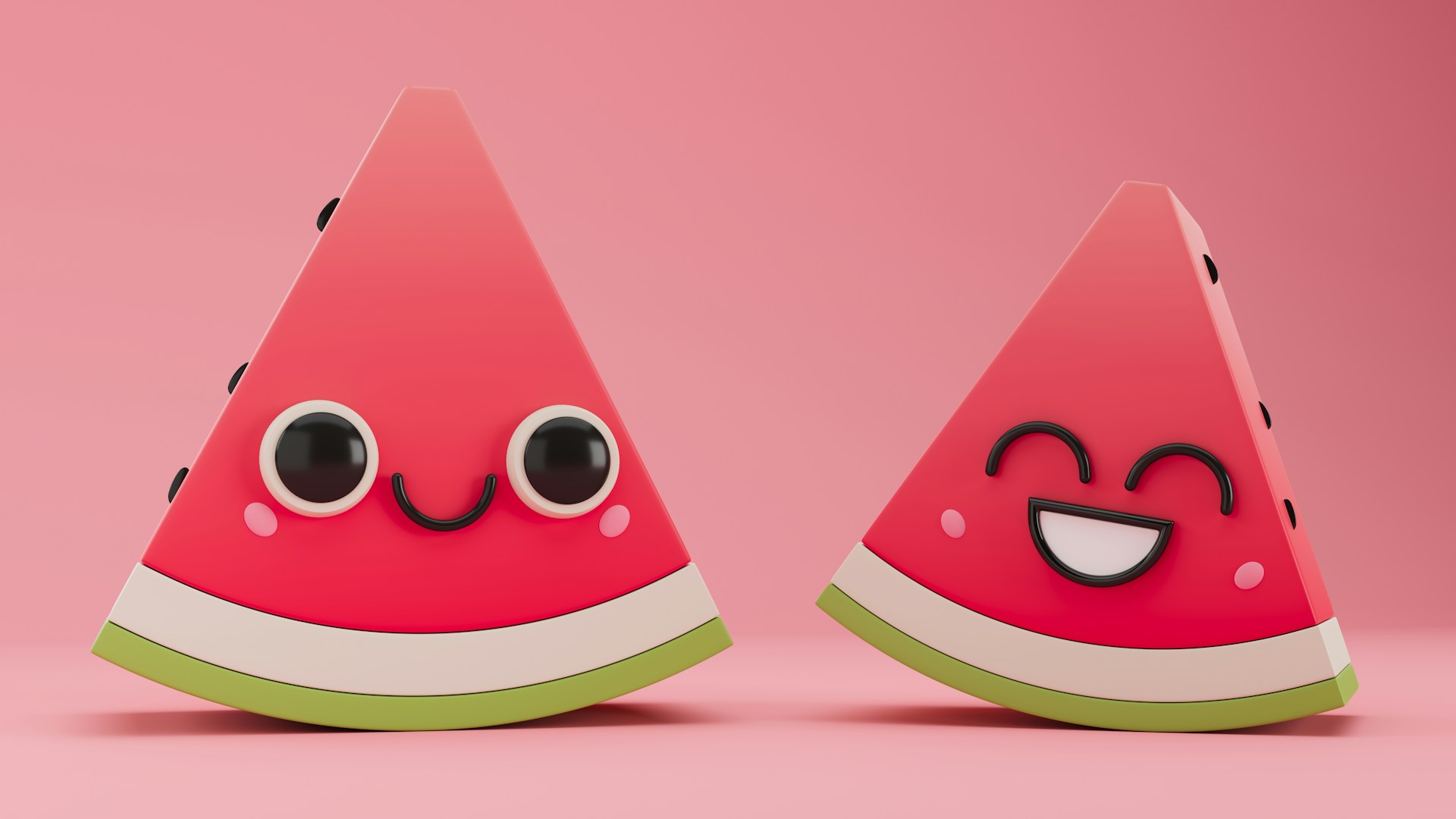 Two adorable watermelon slices with cute faces.