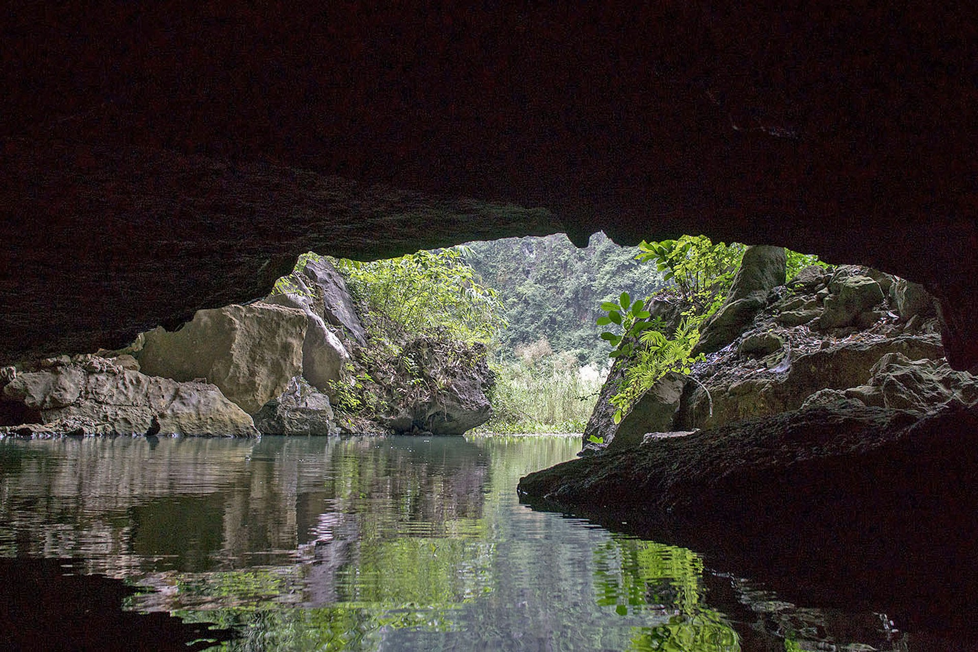 A cave entrance opens to a river.