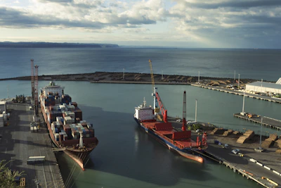Ships are docked at a bustling industrial harbor.
