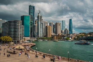 Sydney, australia, cityscape with harbor and buildings.