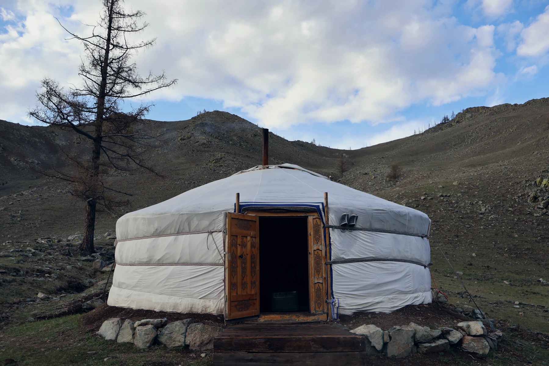 A white Mongolian ger with an open wooden door and a stovepipe, standing among hills and larch trees