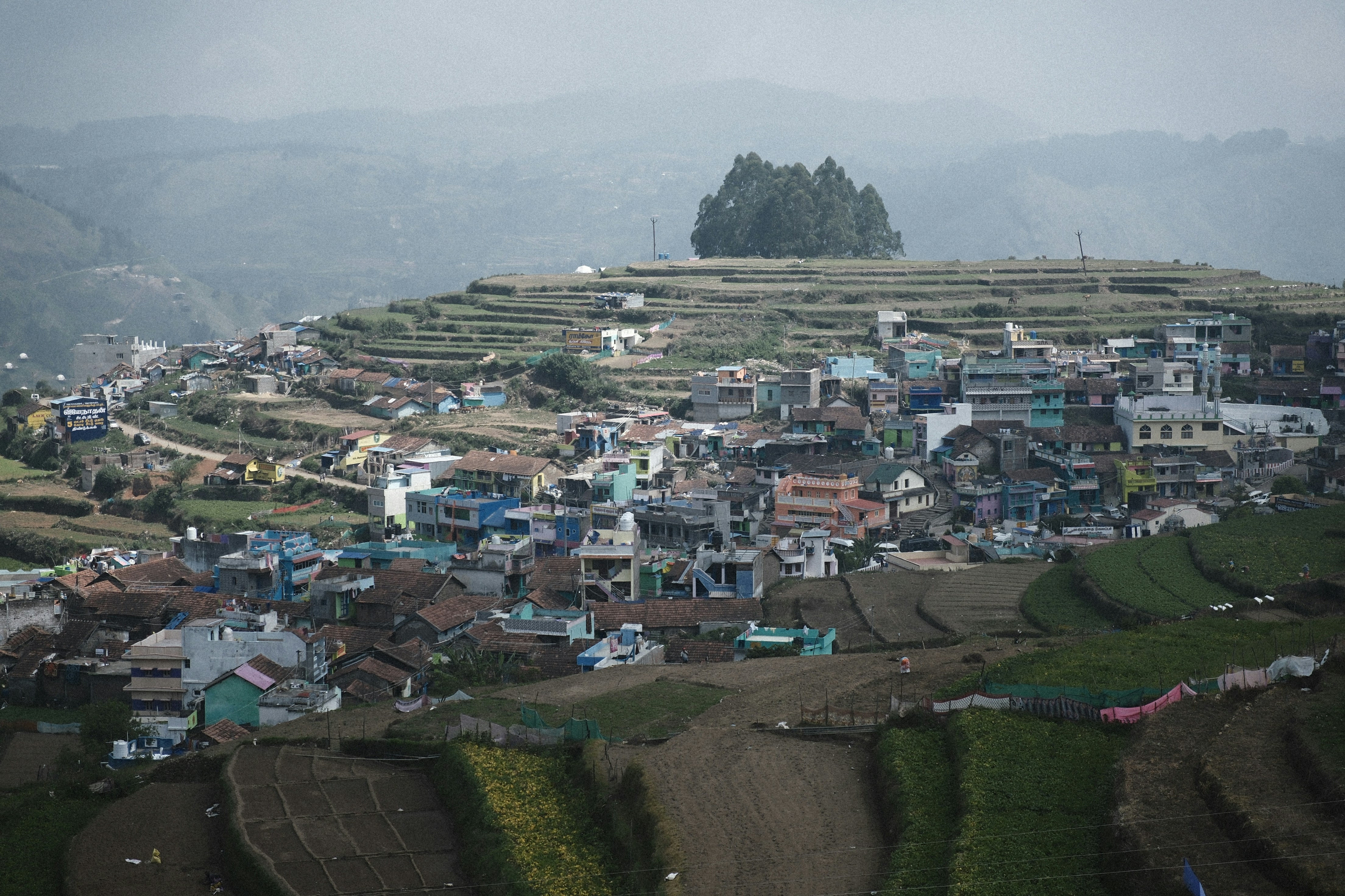 A town is nestled in a hilly terrain