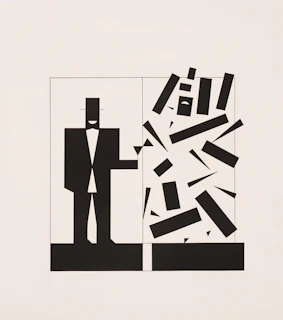 Stylized man in suit next to abstract falling shapes
