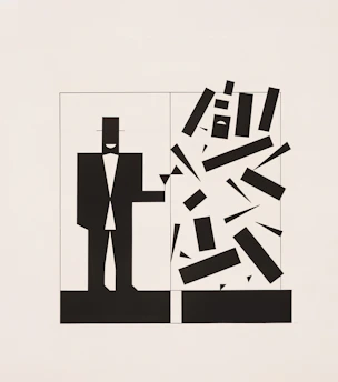 Stylized man in suit next to abstract falling shapes