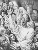 A group of stylized people with expressive faces.