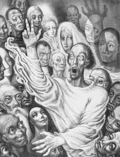 A group of stylized people with expressive faces.