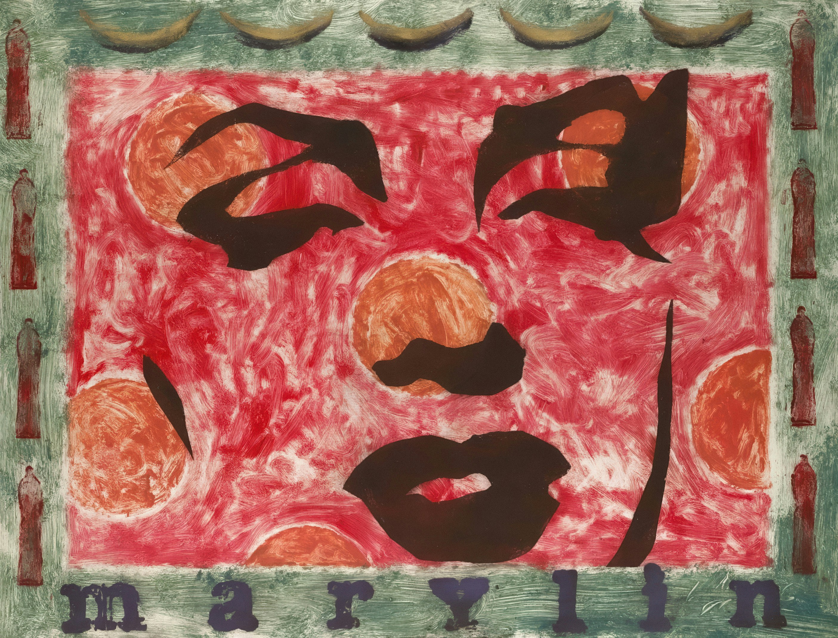 Abstract clown face with red background and text