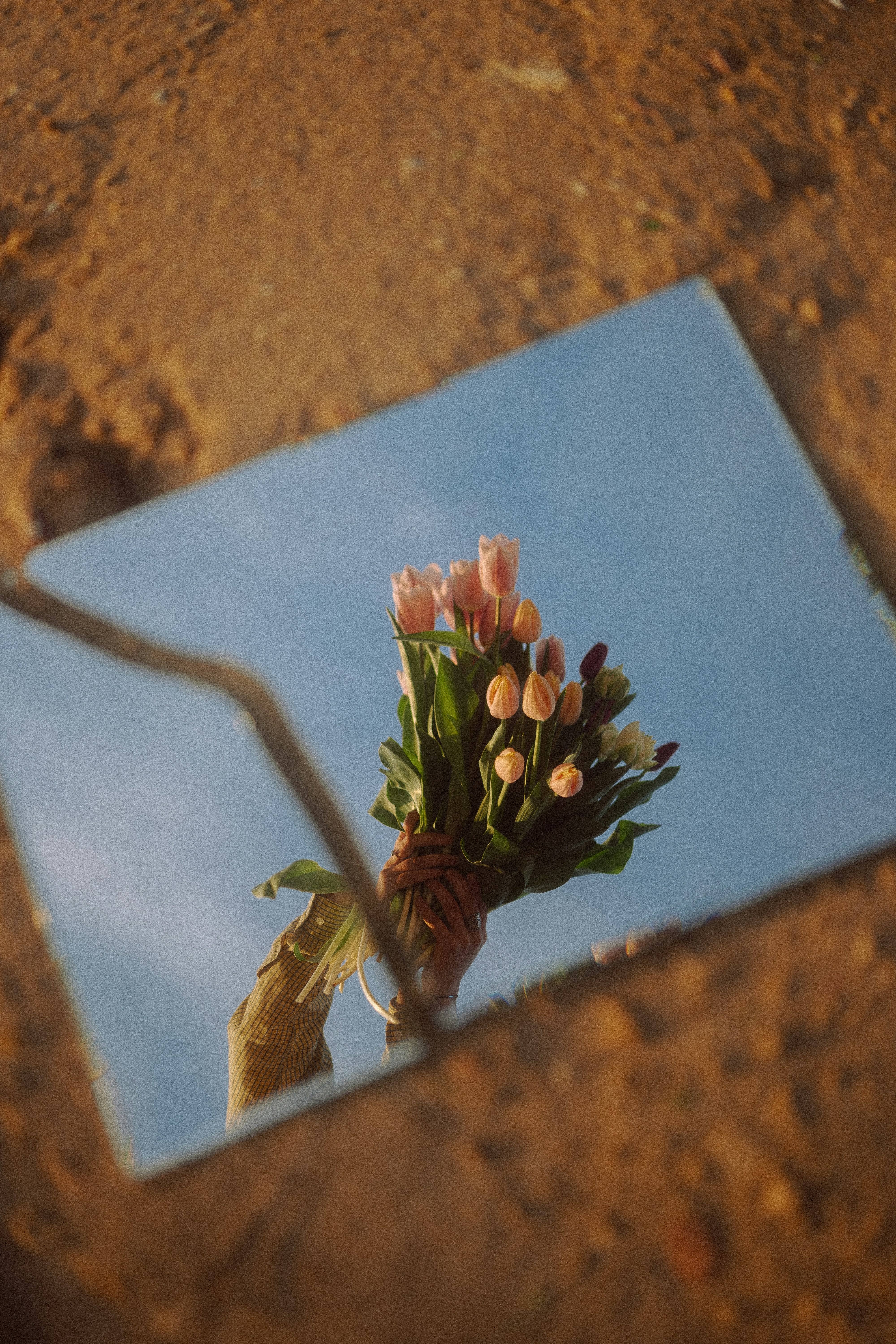 A bouquet of flowers is reflected in a mirror.
