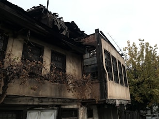 The house is severely damaged by fire.