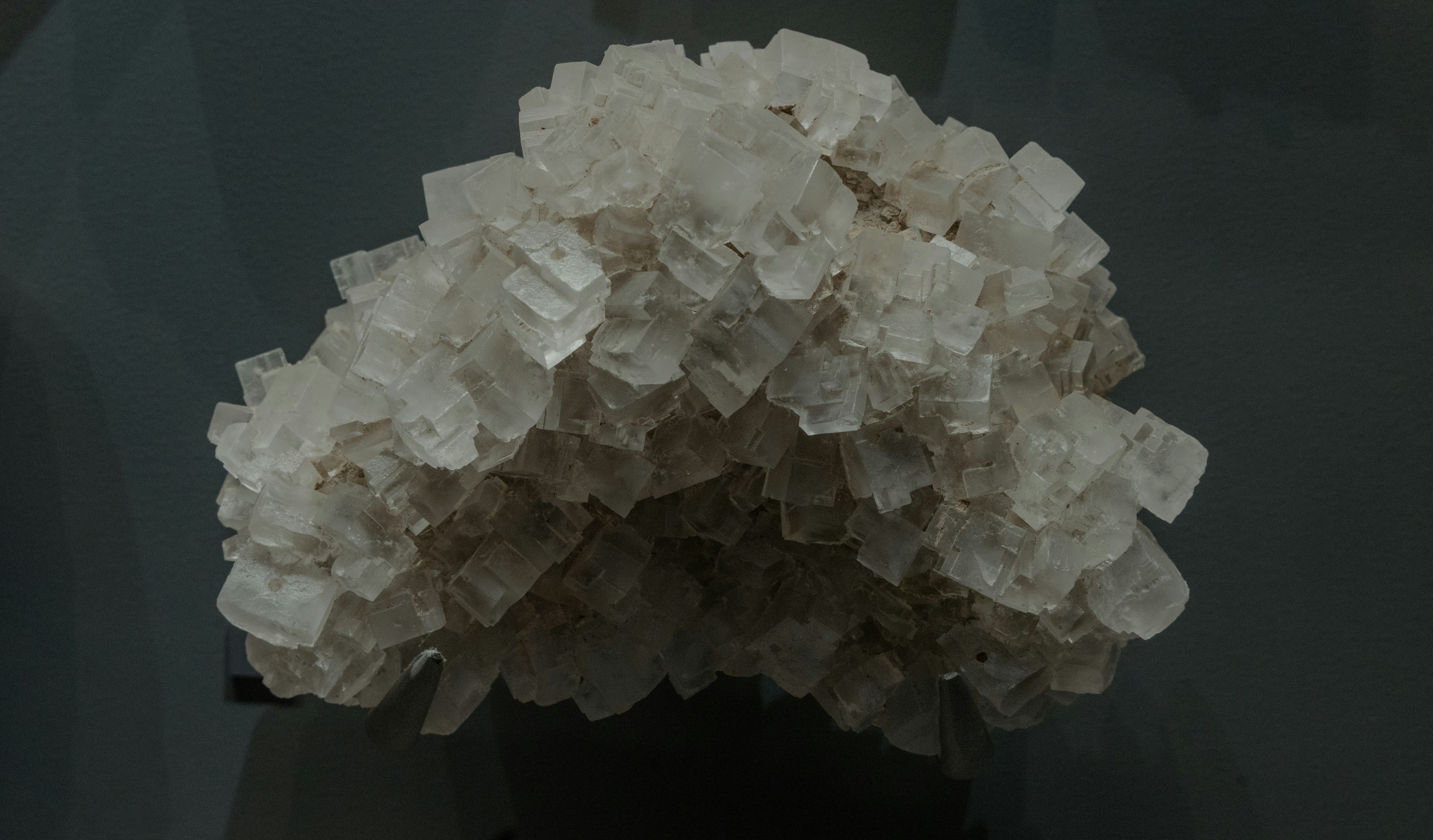 A cluster of salt crystals in focus.