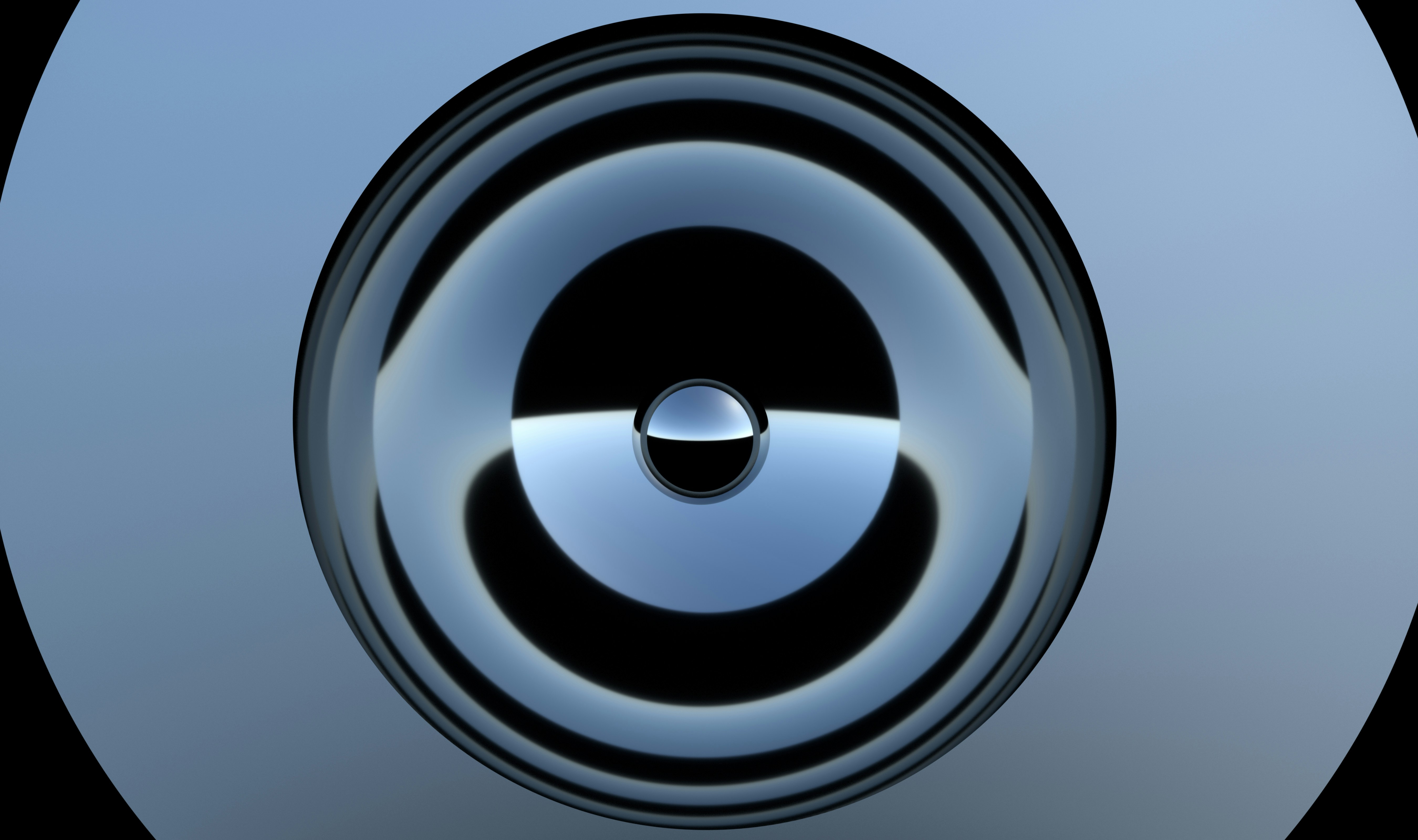 Space2. Experimental 3d renders using reflection, refraction and shadow to create an illusionary sense of space. (Simple geometry; 1 full sphere, two half spheres and one light. Chrome surface)