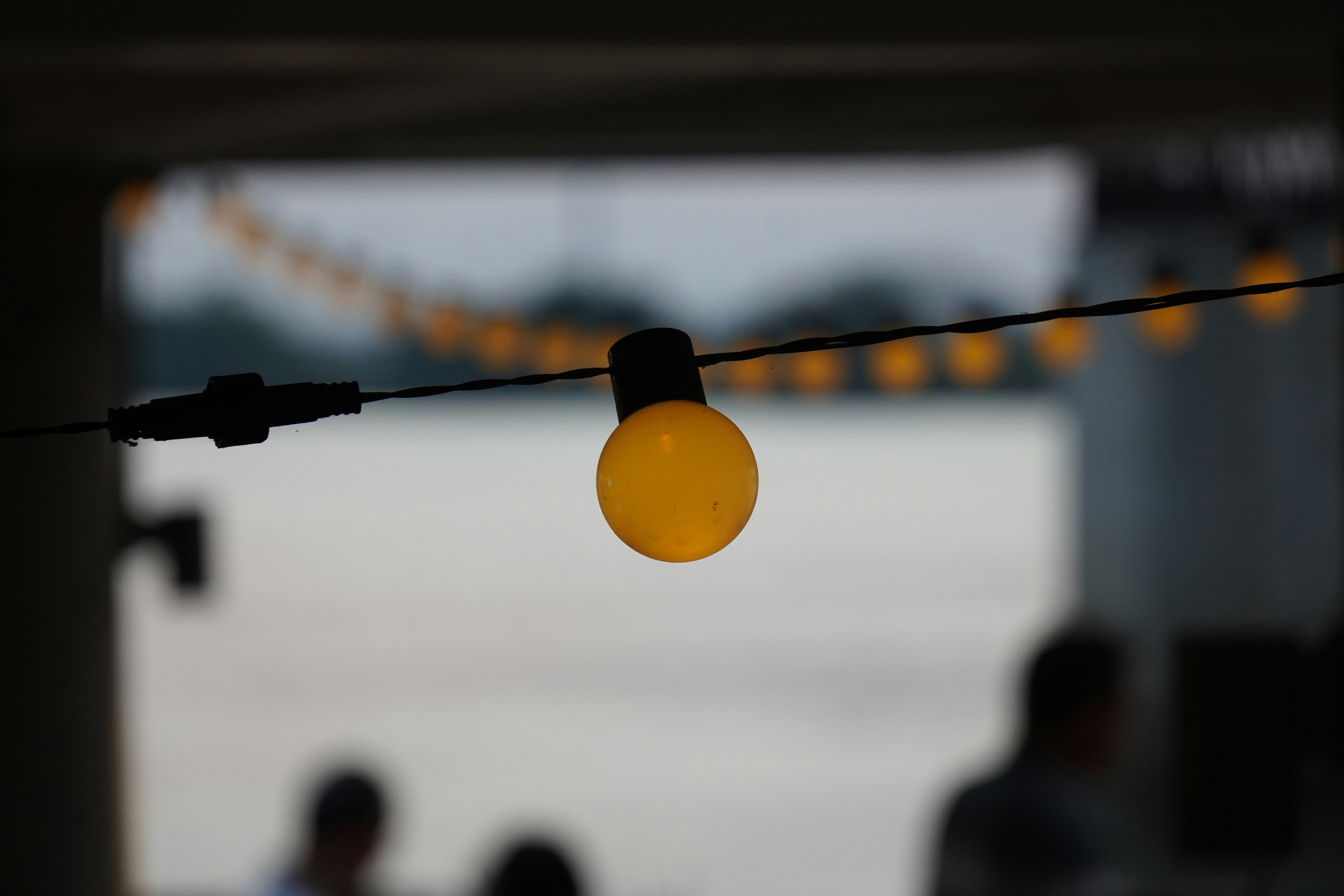 Lampu string yang menyala menerangi pemandangan luar ruangan.