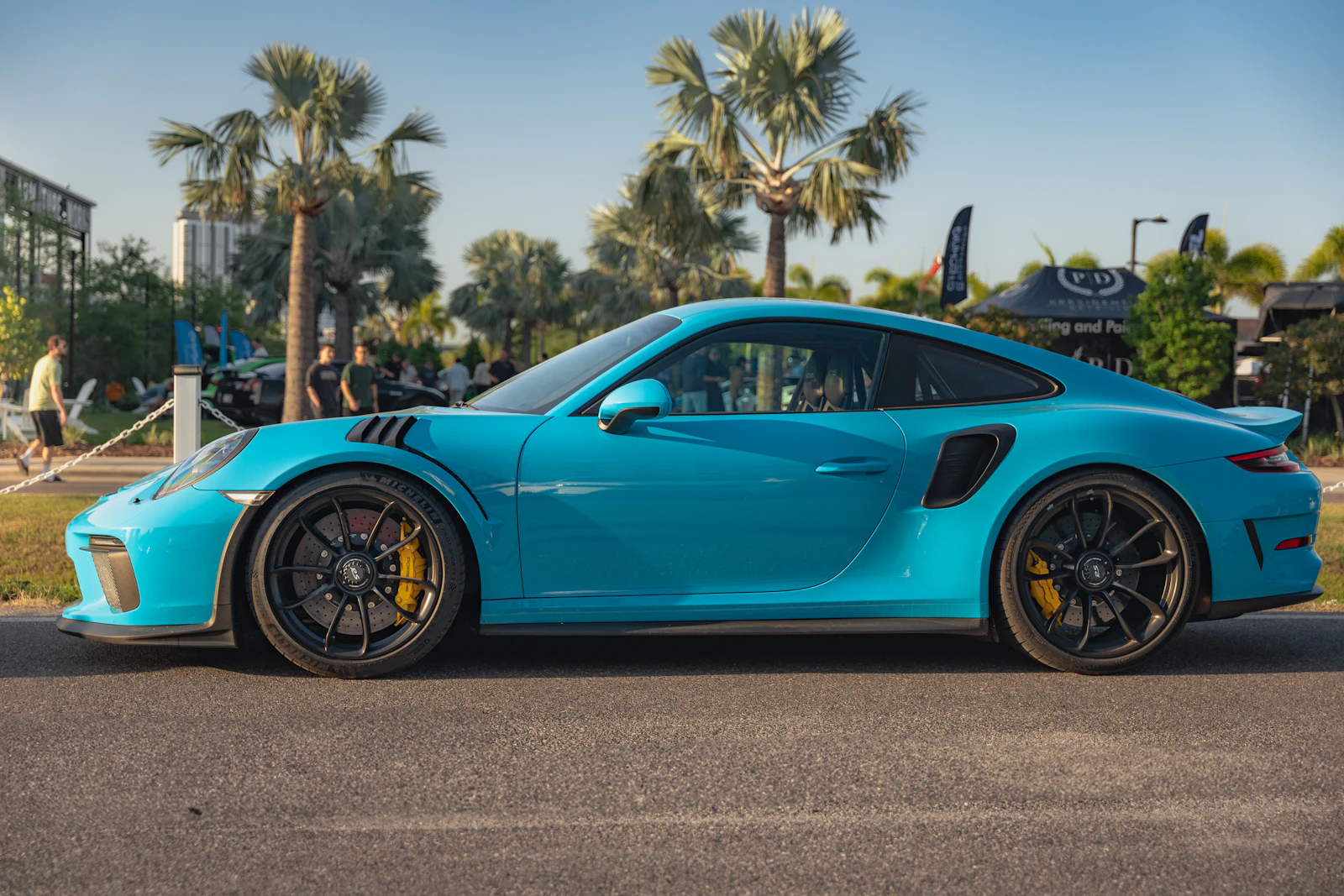 Blue Porsche 911 GT3 RS parked under palm trees