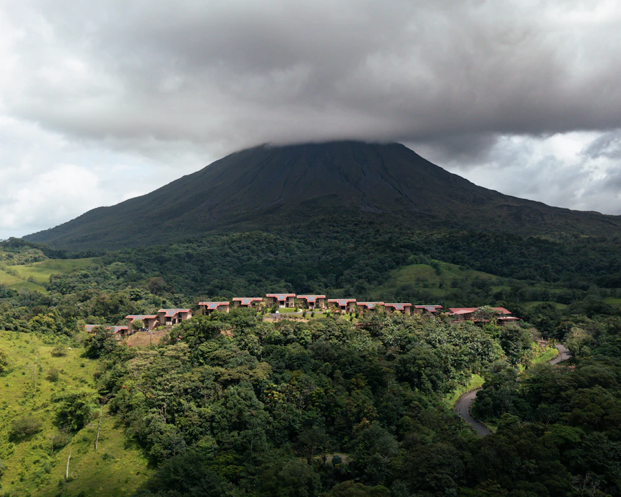 Arenal Volcano, rainforest and resort landscape in Costa Rica, Central America