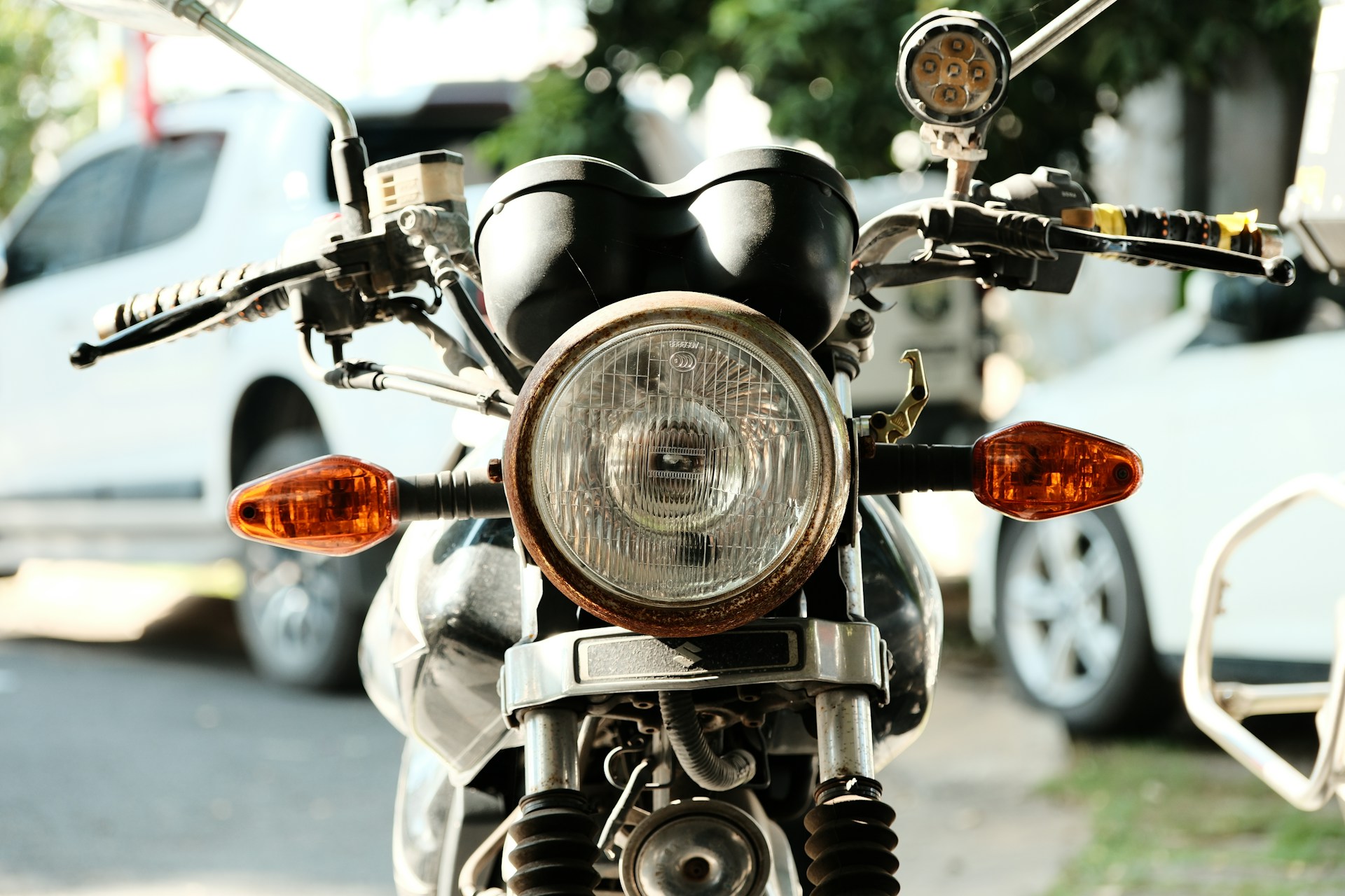 A motorcycle's front view close-up.