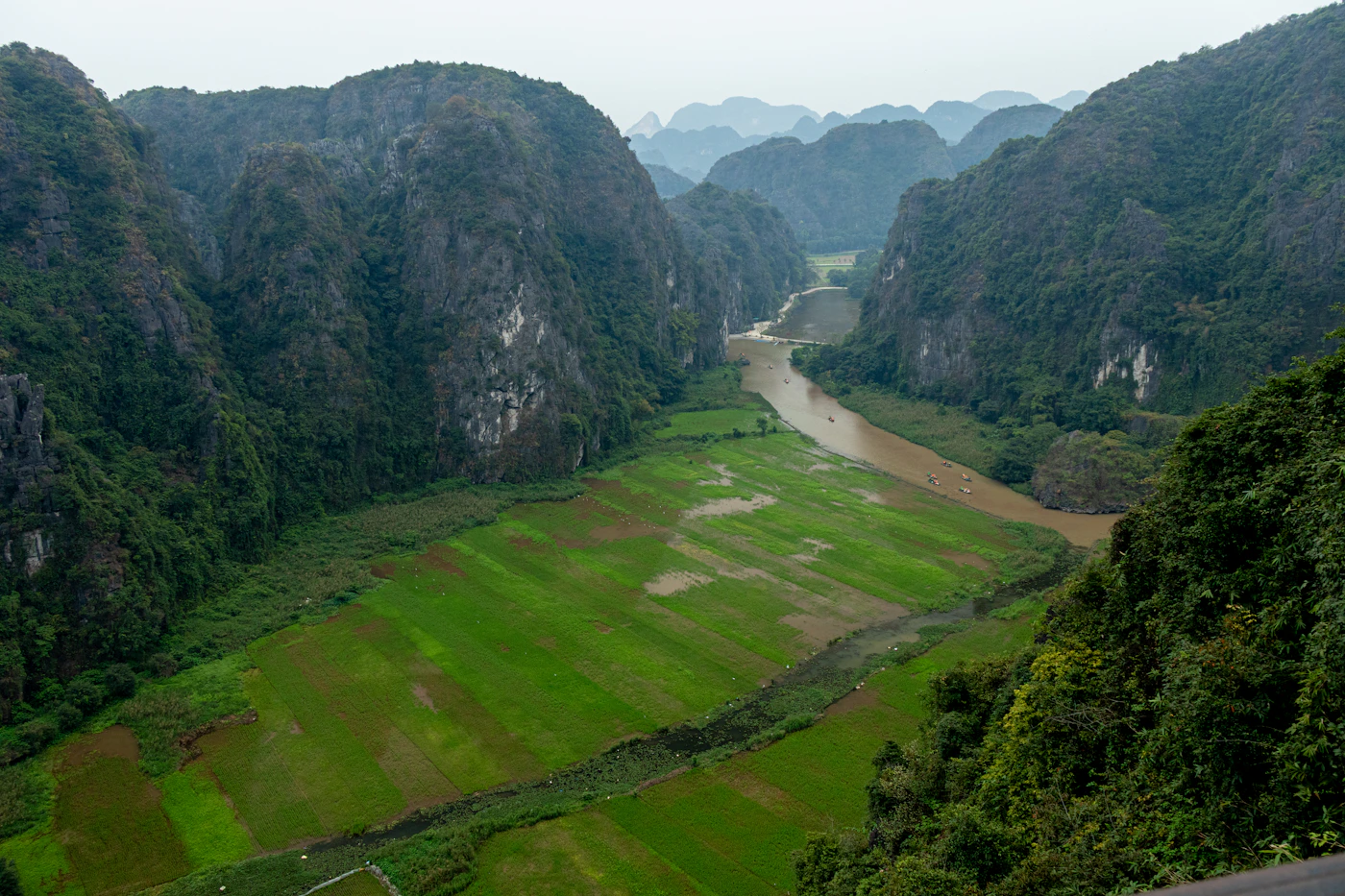 Green valley between limestone mountains in Ninh Bình