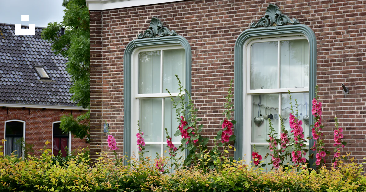 Windows with flowers decorate a brick building's facade. photo – Free ...
