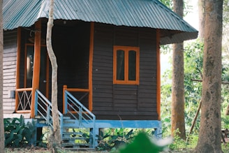 A wooden cabin nestled among the trees.