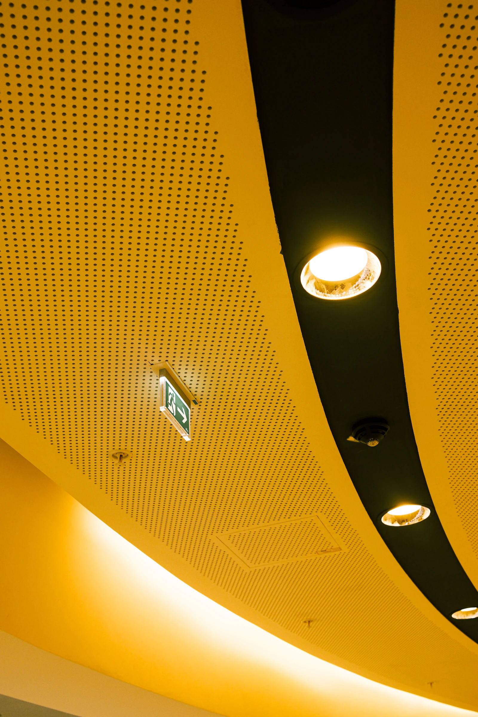 Modern room ceiling with evenly spaced recessed lighting installed