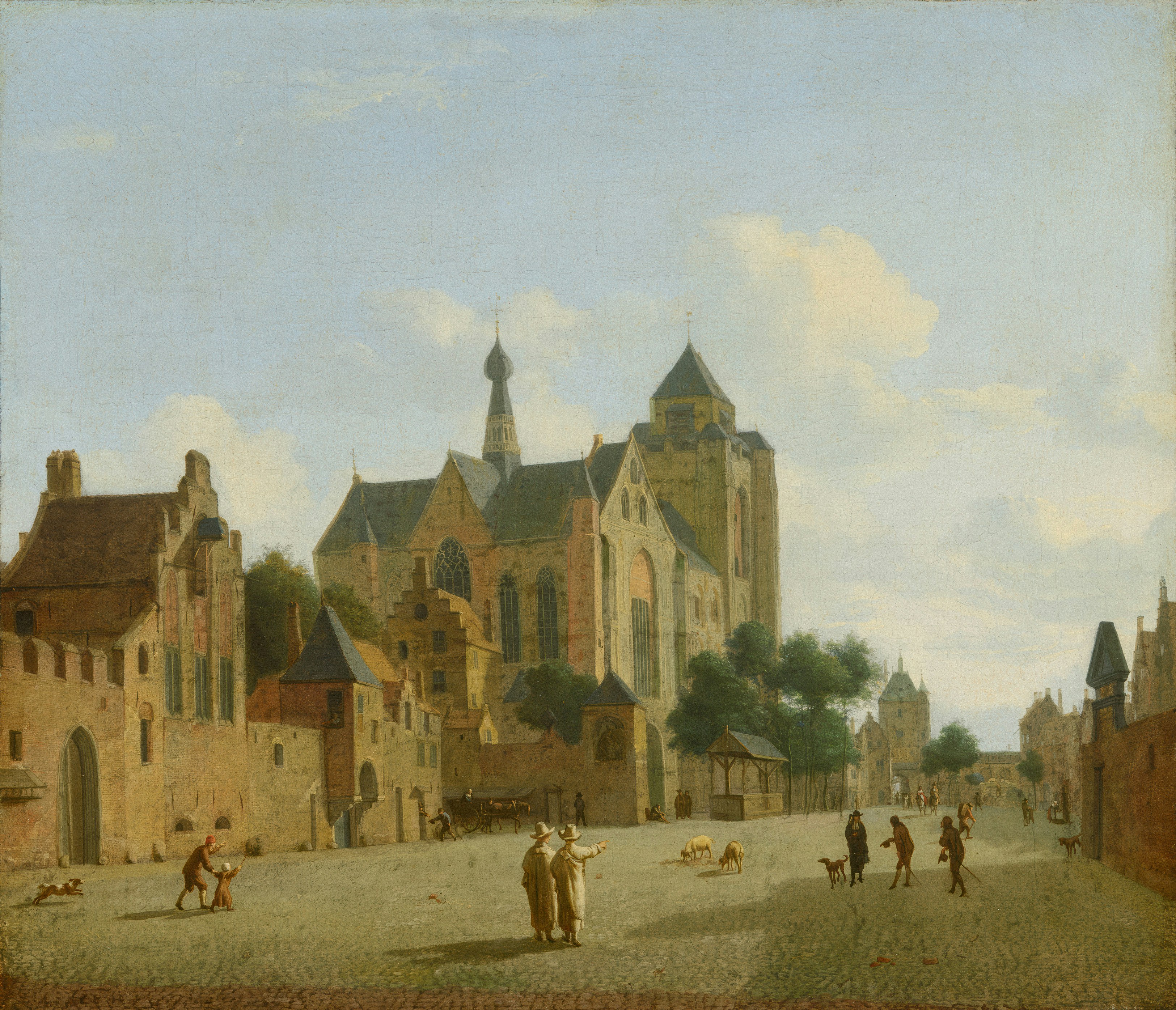 A dutch town square with a large church.