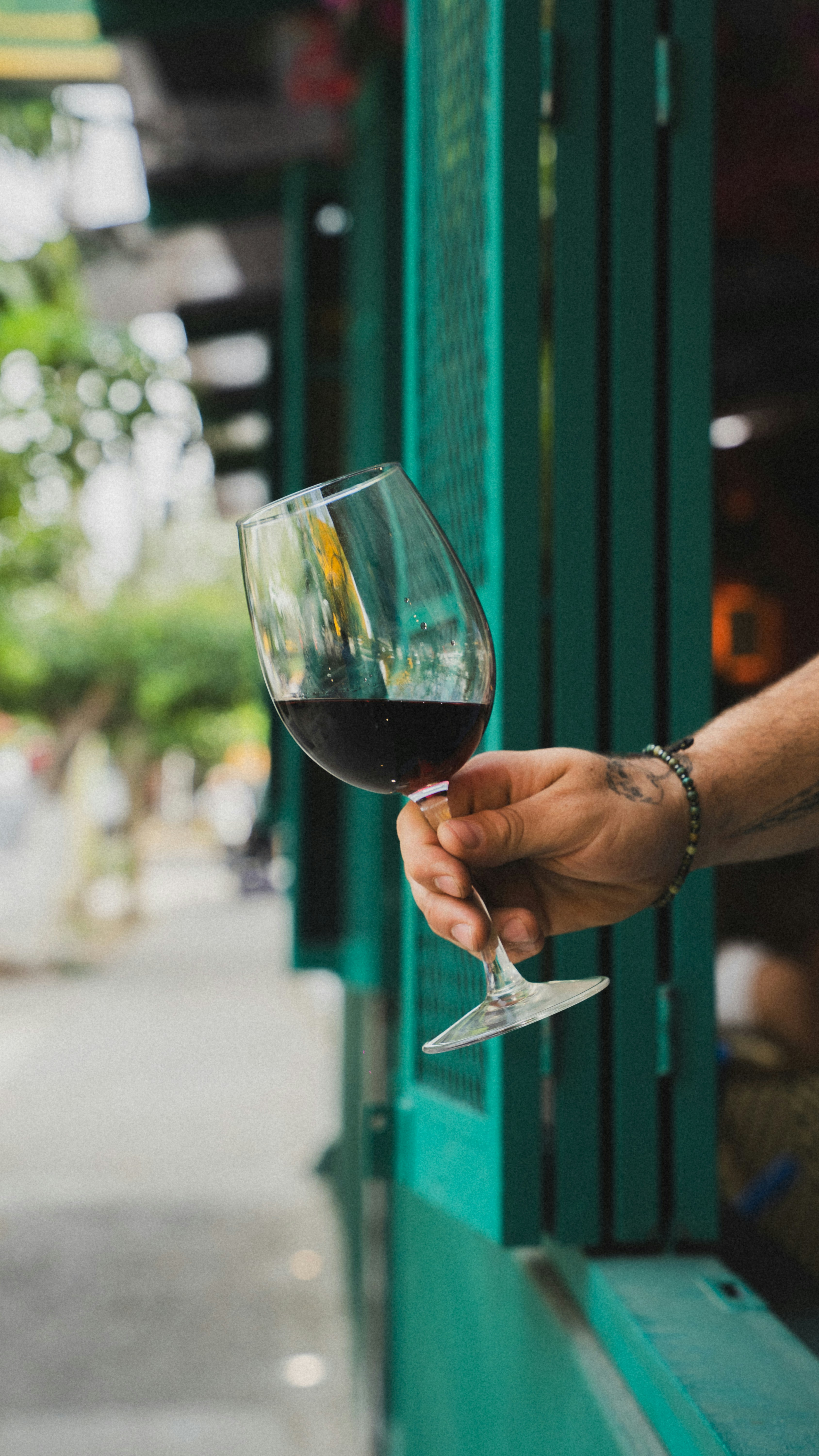 Hand holding up a glass of red wine.