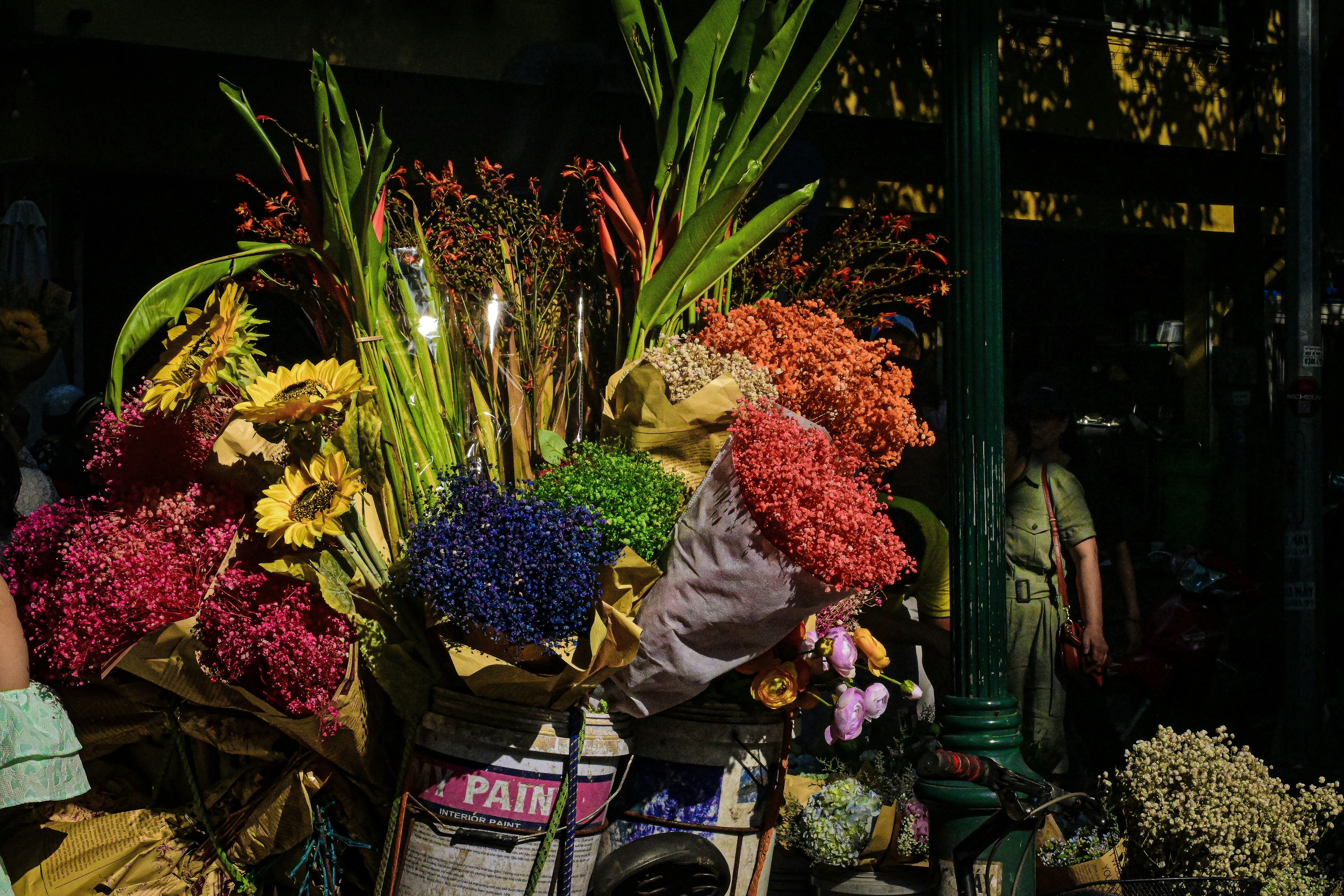 Vibrant bouquets of flowers are on display.