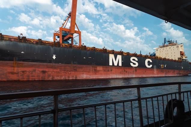 A large msc ship is seen on the water.