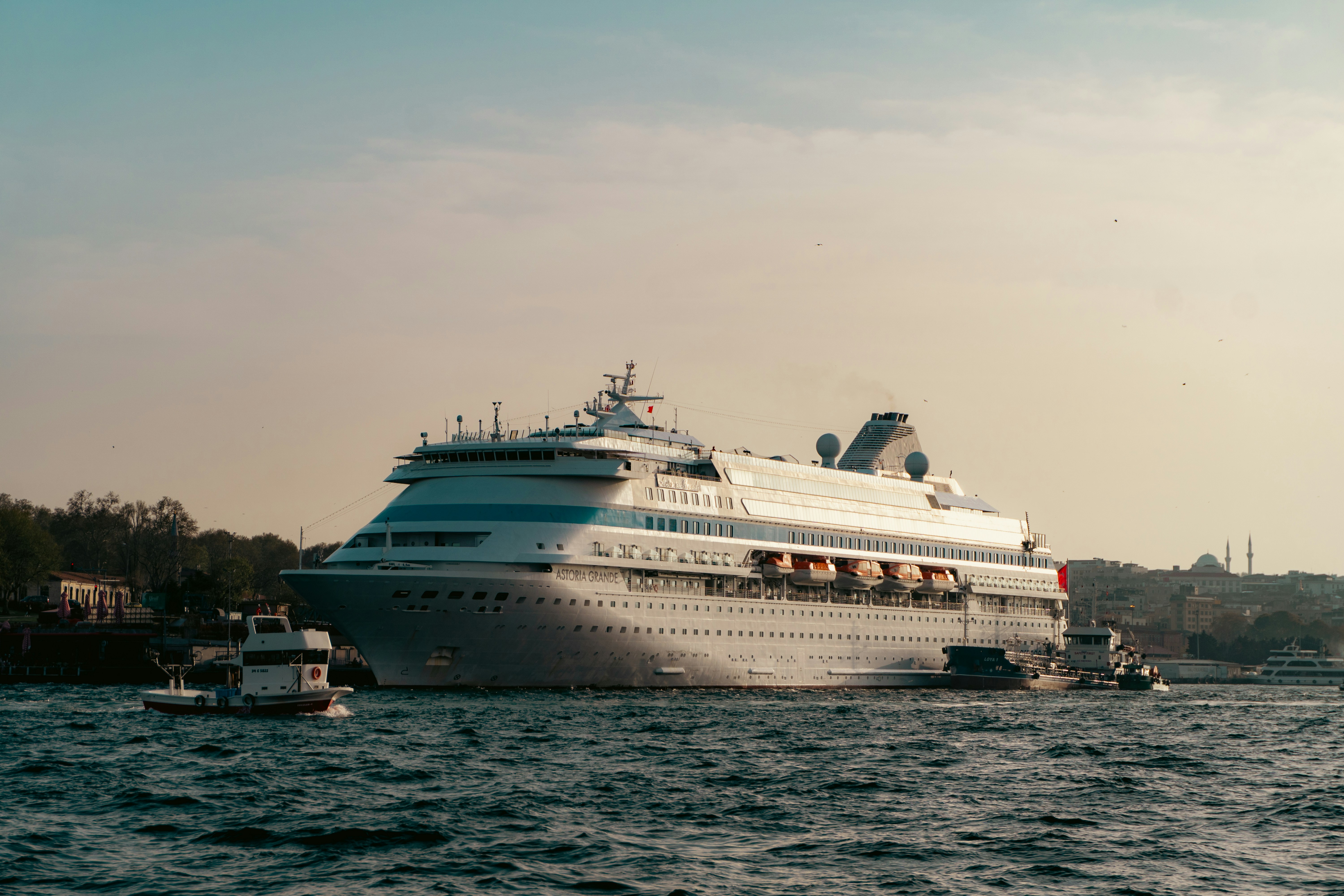 A large cruise ship floats in the ocean.