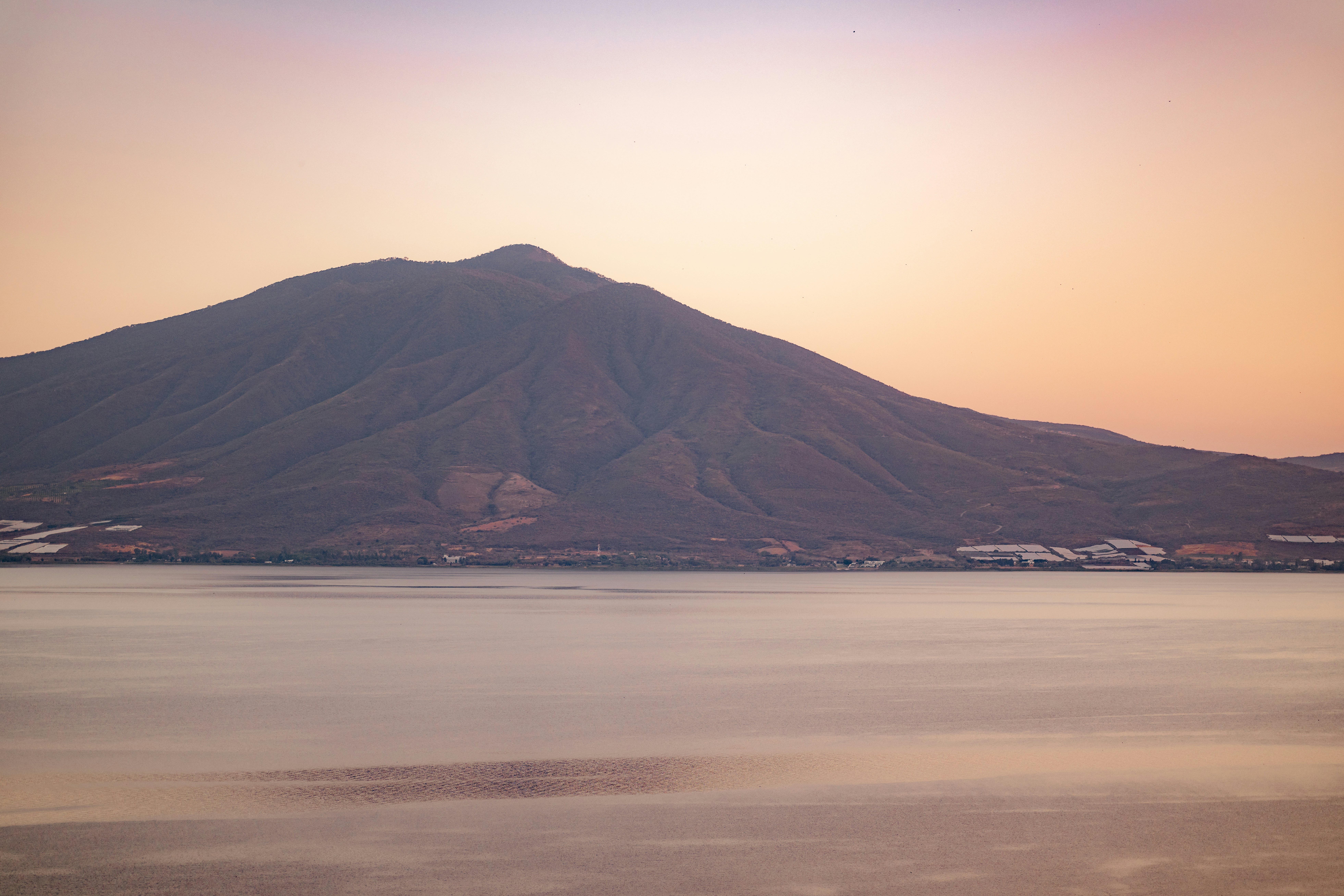Mountain and lake at sunset.