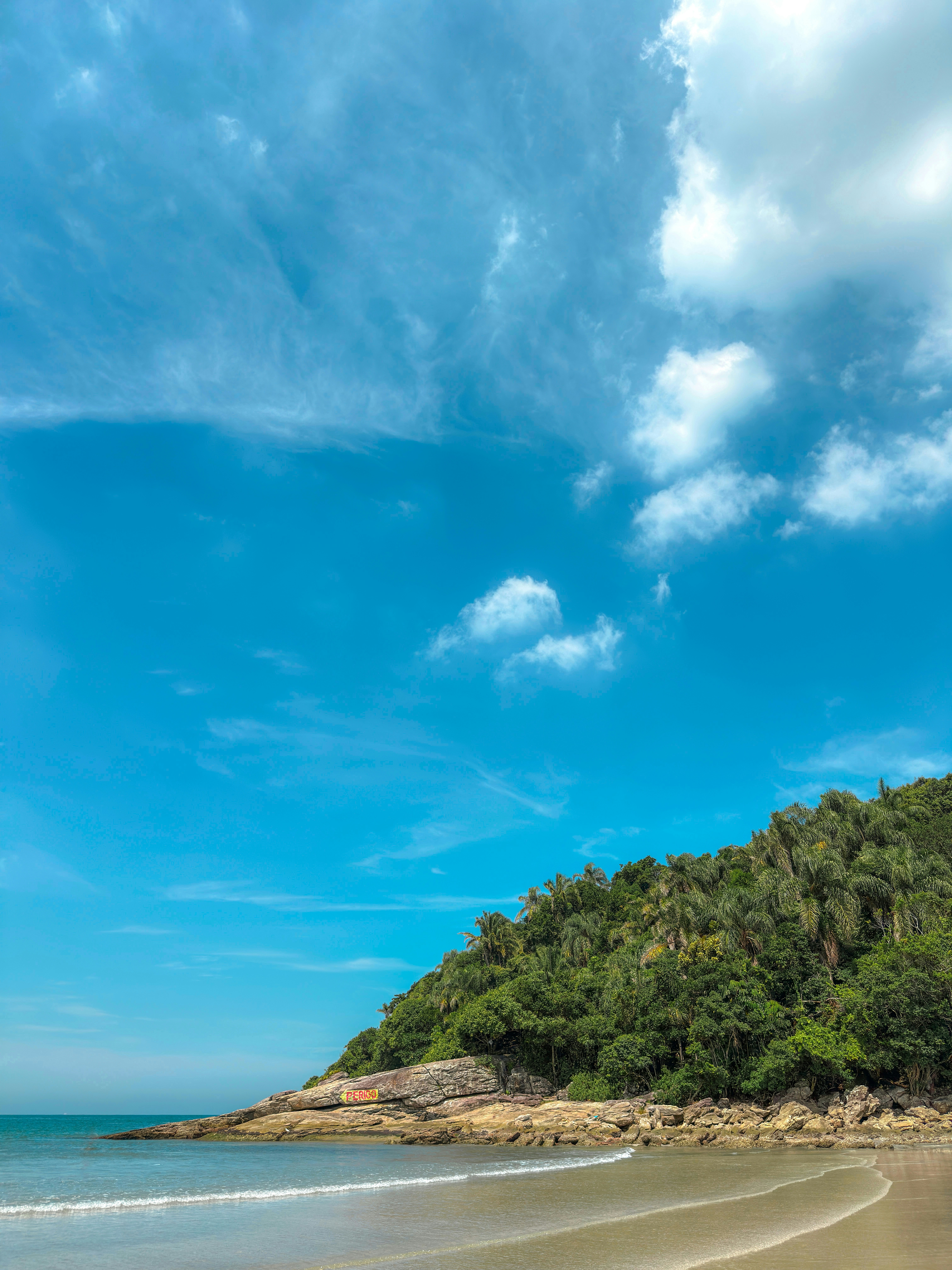 A sunny beach day with blue sky and lush greenery.
