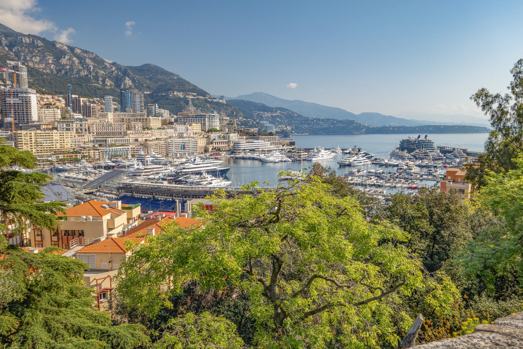 Monaco's harbour filled with yachts beneath the hillside city